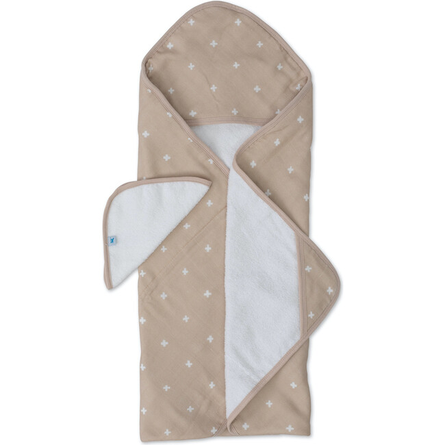 Infant Hooded Towel & Washcloth Set, Taupe Cross