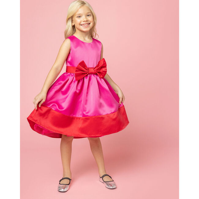 Florence Bow Satin Girls Party Dress, Pink & Red - Dresses - 2