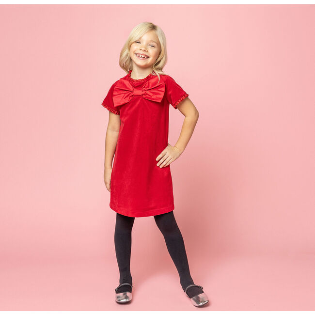 Coco Bow Velvet Girls Party Dress, Red - Dresses - 2
