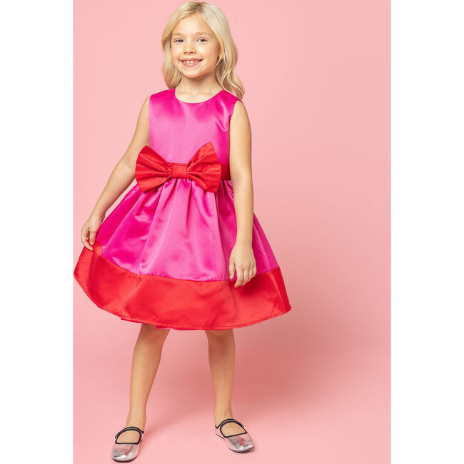 Florence Bow Satin Girls Party Dress, Pink & Red - Dresses - 5