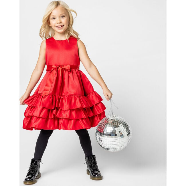 Arabella Frill Satin Baby Party Dress, Red - Dresses - 5