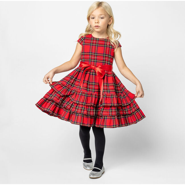 Arabella Frill Plaid Tartan Girls Party Dress, Red - Dresses - 7