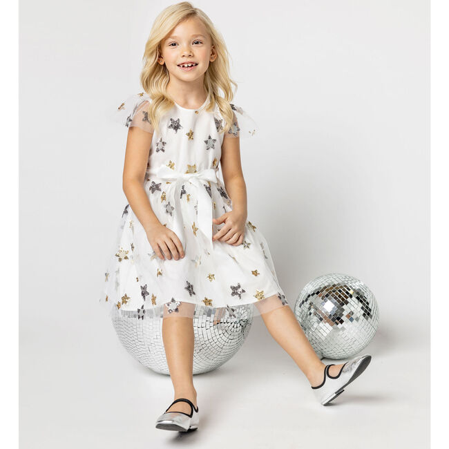 Aster Sequin Star Tulle Girls Party Dress, White - Dresses - 6