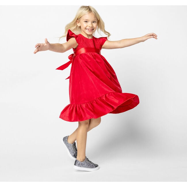 Poppy Smocked Velvet Girls Party Dress, Red - Dresses - 5