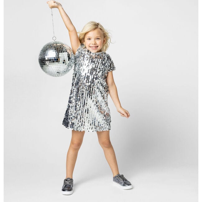 Coco Sequin Girls Party Dress, Silver - Dresses - 5