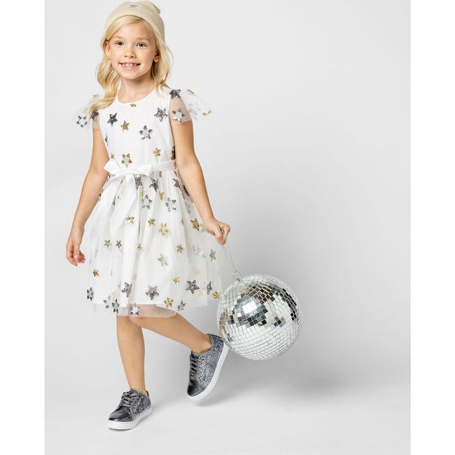 Aster Sequin Star Tulle Girls Party Dress, White - Dresses - 7