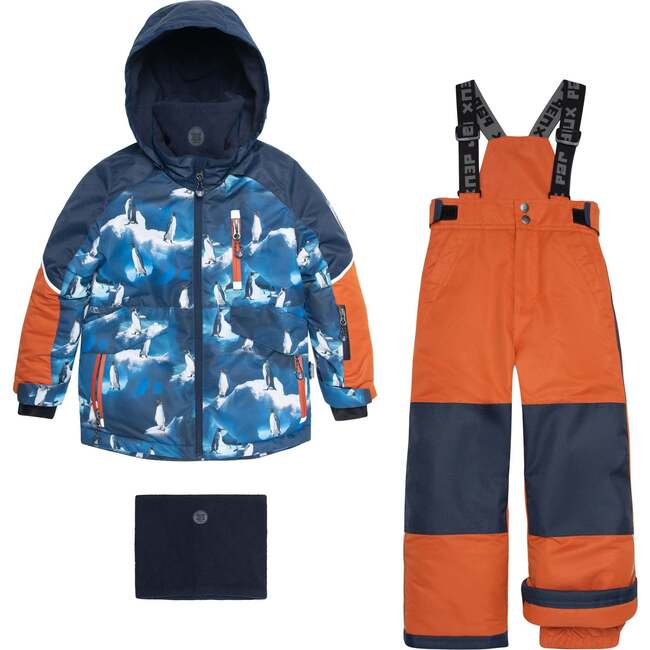 Two Piece Snowsuit With Printed Penguins, Blue And Orange