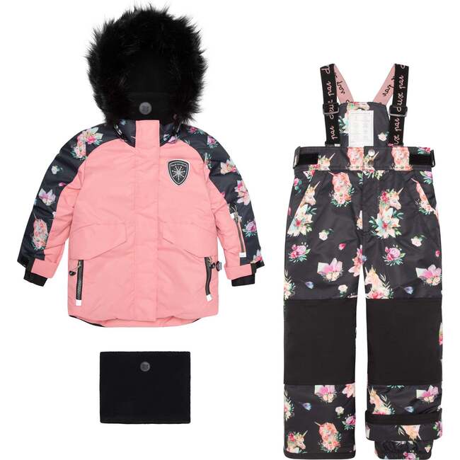 Two Piece Snowsuit With Printed Unicorns Pant, Solid Coral