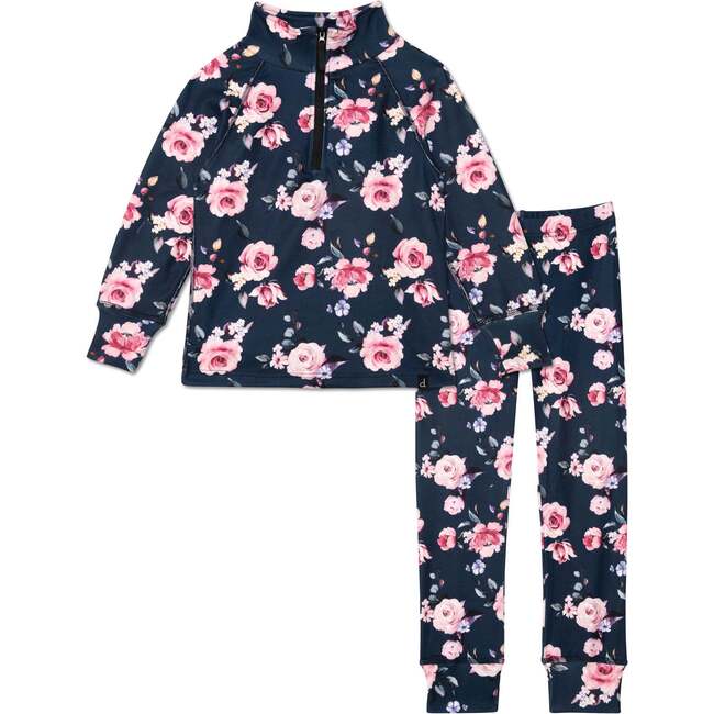 Two Piece Thermal Underwear With Printed Roses, Navy - Loungewear - 1
