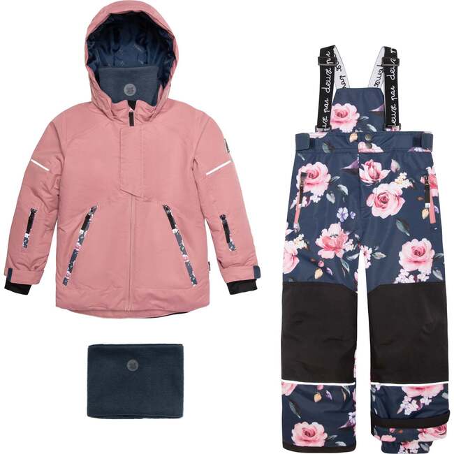 Two Piece Technical Snowsuit & Printed Roses, Dusty Rose And Navy