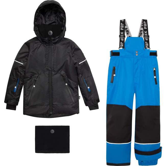 Two Piece Technical Snowsuit, Black And Royal Blue