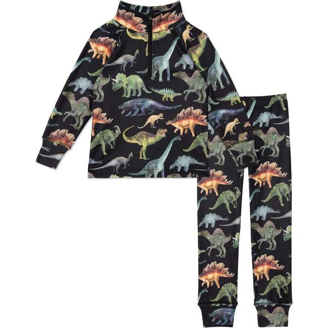 Two Piece Thermal Underwear With Dinosaur Print, Black