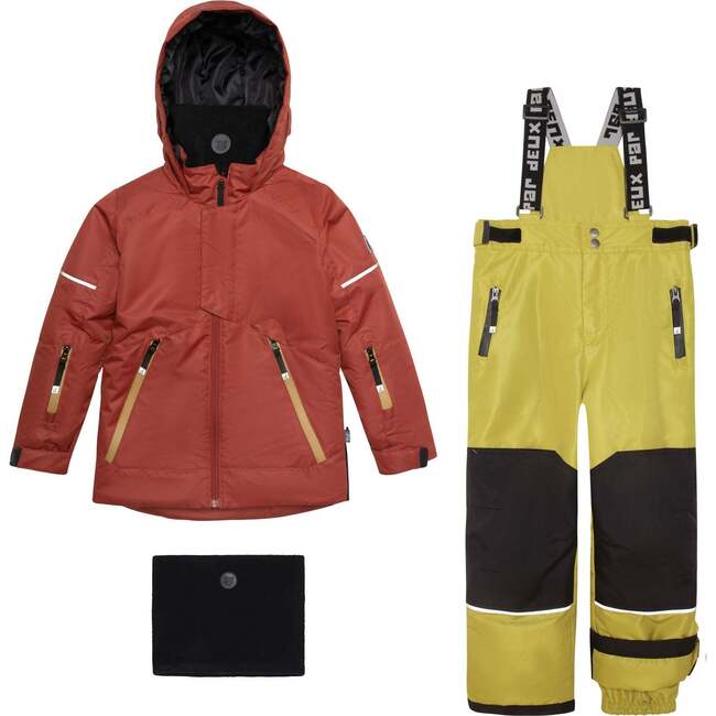 Two Piece Technical Snowsuit, Red And Green Lime