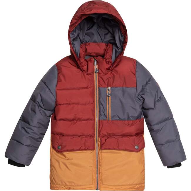 Tricolor Puffy Jacket, Barn Red Yellow And Dark Grey
