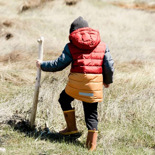 Tricolor Puffy Jacket, Barn Red Yellow And Dark Grey - Jackets - 3