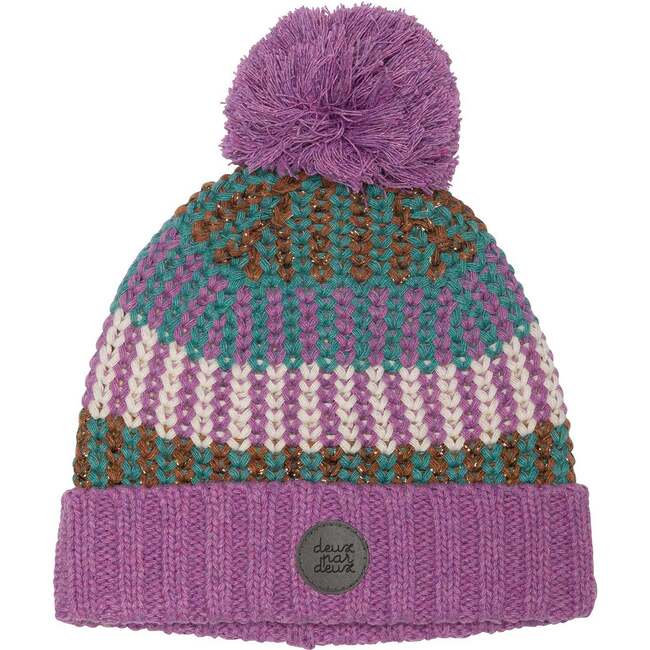 Striped Knit Hat, Purple Green Brown And White