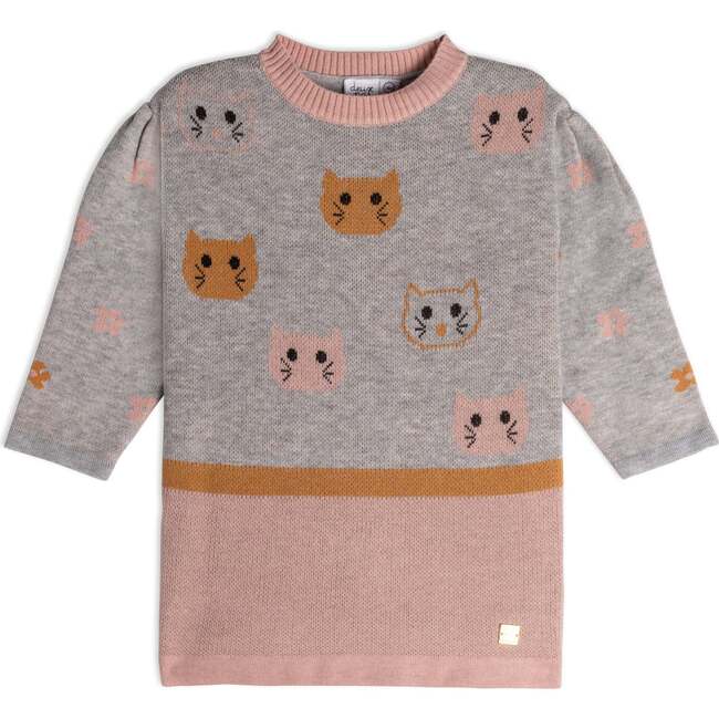 Sweater Knit Long Sleeve Dress, Jacquard Cats