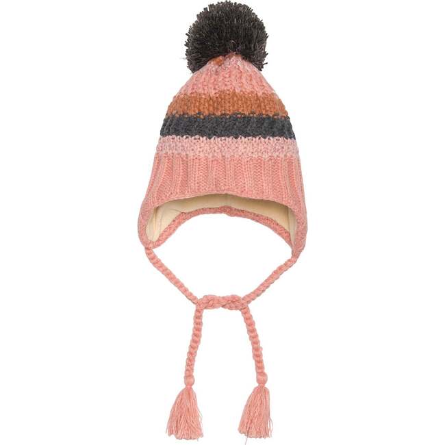 Striped Earflap Knit Hat, Pink And Grey - Hats - 1