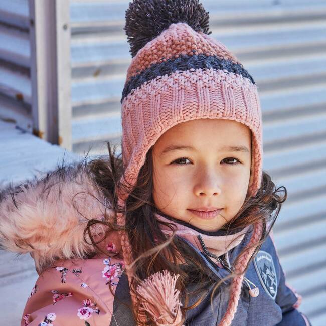 Striped Earflap Knit Hat, Pink And Grey - Hats - 3