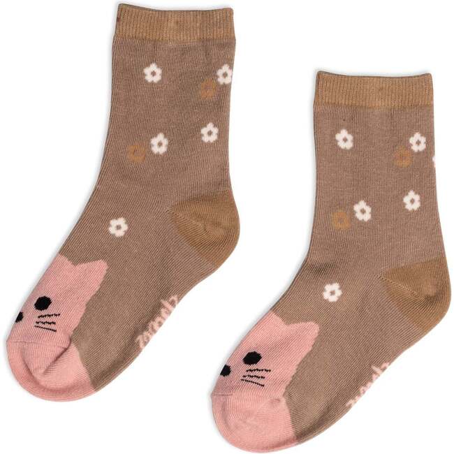 Socks, Printed With Flowers And Cat