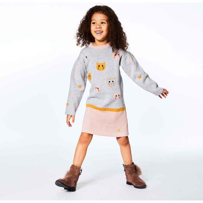 Sweater Knit Long Sleeve Dress, Jacquard Cats - Dresses - 4