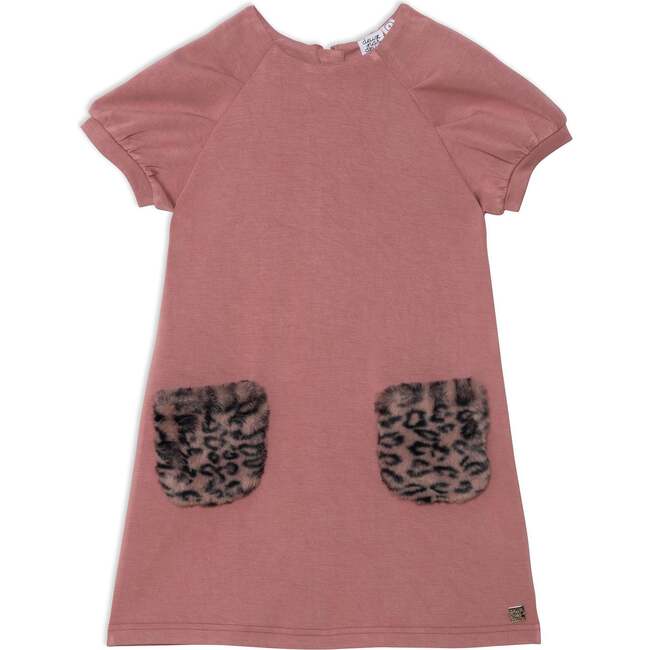 Short Sleeve Dress With Fake Fur Pocket, Dusty Rose With Pink And Black Animal Print