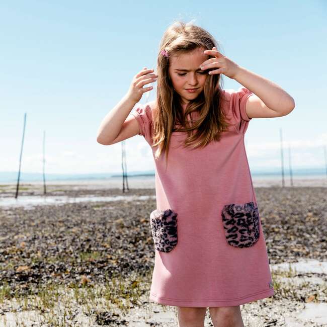 Short Sleeve Dress With Fake Fur Pocket, Dusty Rose With Pink And Black Animal Print