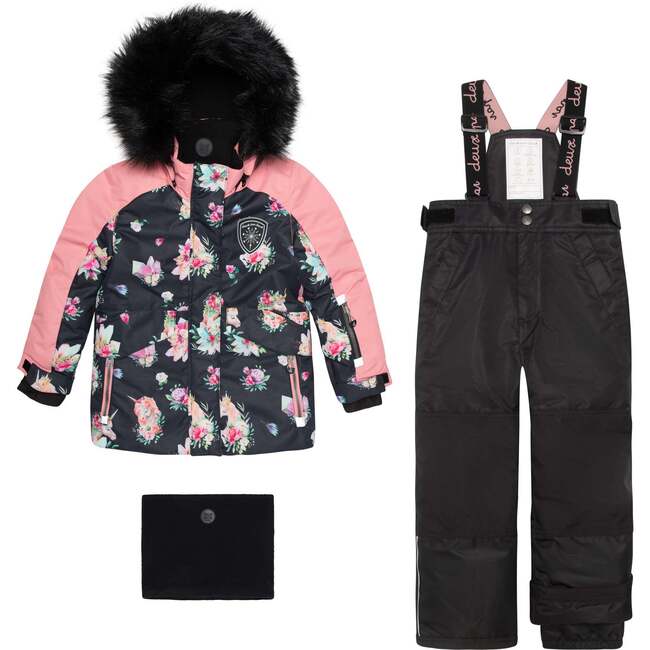 Printed Unicorns Two Piece Snowsuit, Coral And Black