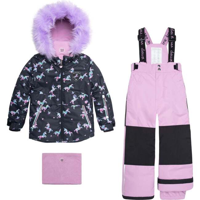 Printed Unicorns Two Piece Snowsuit, Black And Lilac
