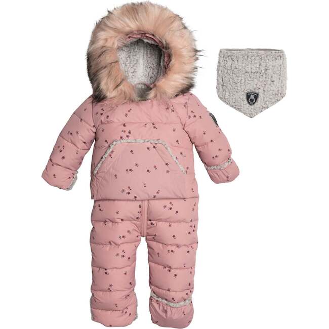 Printed Small Flowers One Piece Baby Snowsuit, Pink - Snowsuits - 1