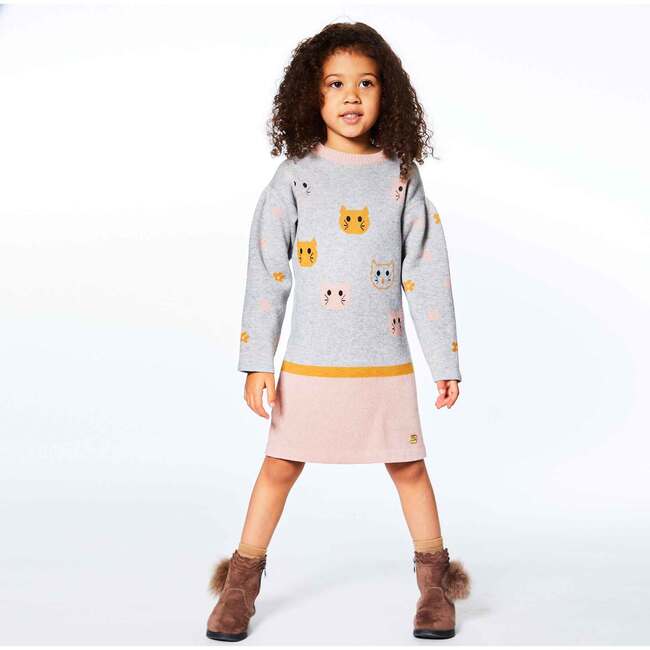 Sweater Knit Long Sleeve Dress, Jacquard Cats - Dresses - 7