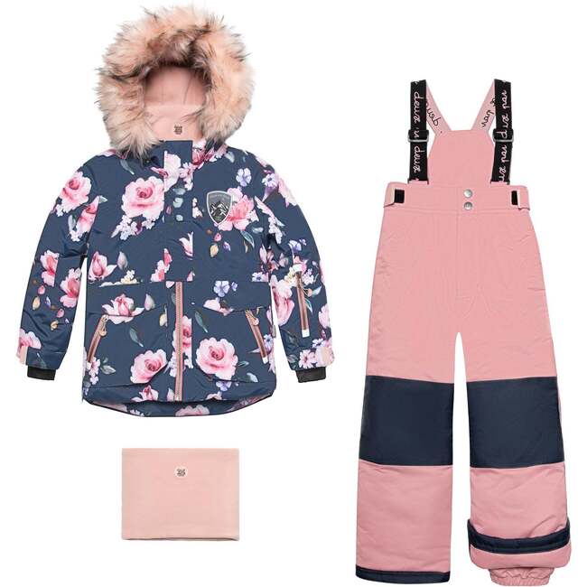 Printed Roses Two Piece Snowsuit & Pant, Navy & Dusty Rose
