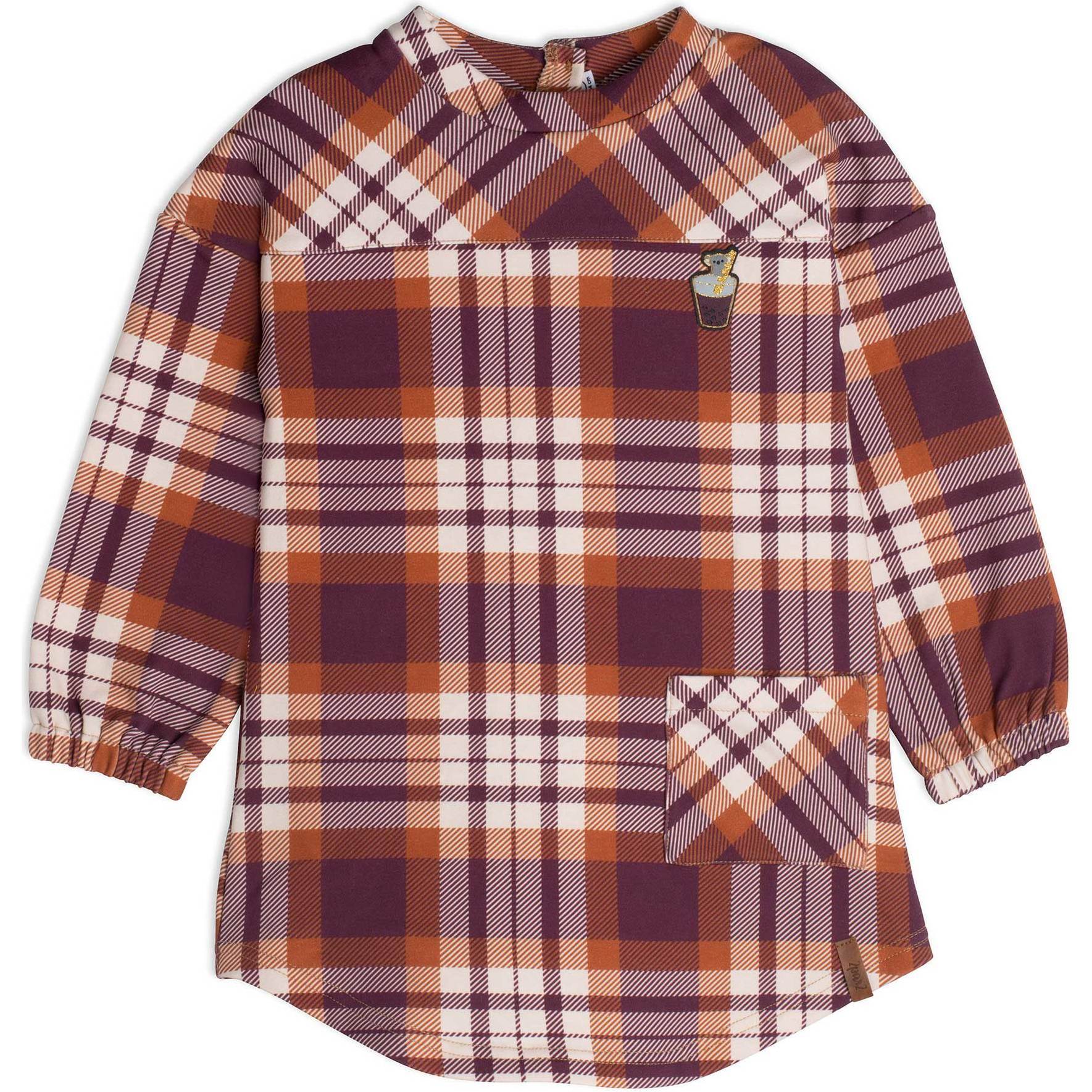 Printed Shirt Dress With Long Sleeves, Plum And Ocher Plaid - Dresses - 1
