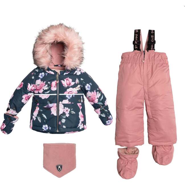 Printed Roses Two Piece Snowsuit, Navy And Dusty Rose