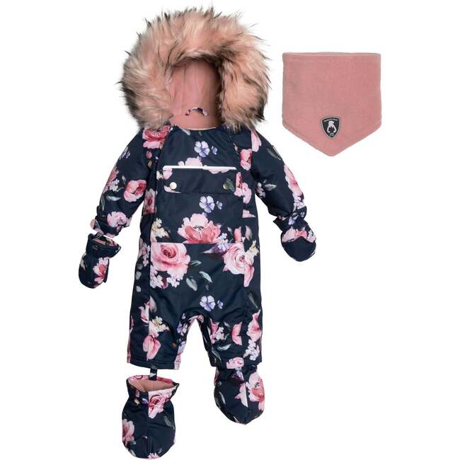 Printed Roses One Piece Baby Snowsuit, Navy