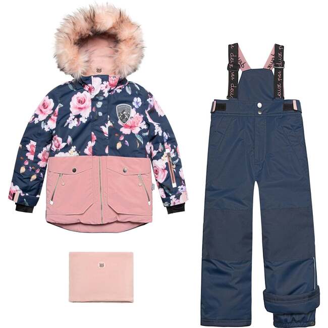 Printed Roses Two Piece Snowsuit & Pant, Dusty Rose & Navy