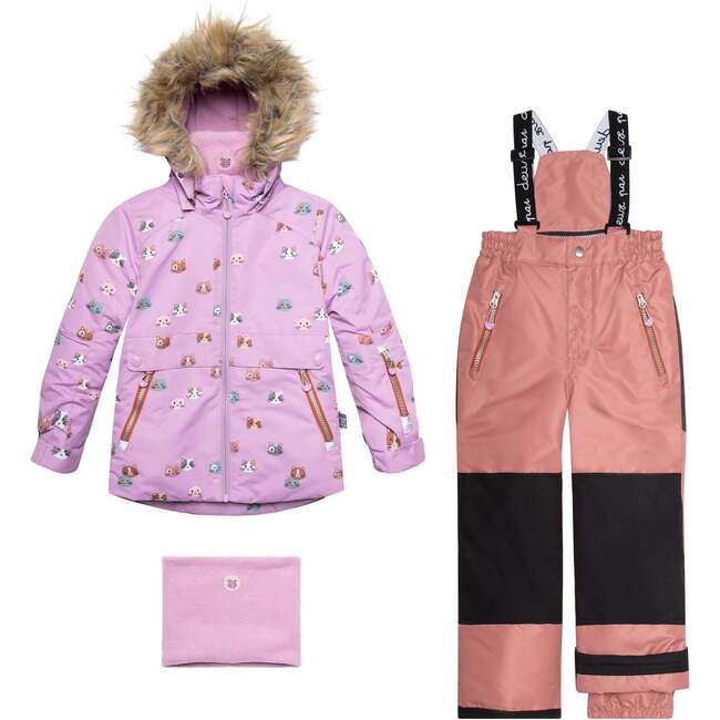 Printed Little Cats Two Piece Snowsuit, Purple And Brown - Snowsuits - 1