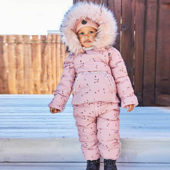 Printed Small Flowers One Piece Baby Snowsuit, Pink - Snowsuits - 5