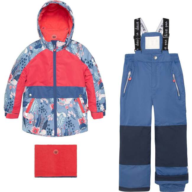 Printed Frosted Flowers Two Piece Snowsuit, Navy Blue And Red