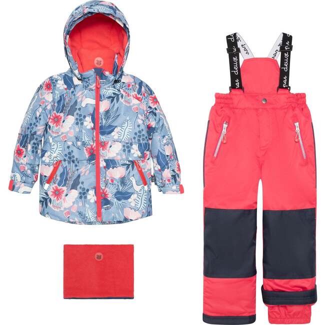 Printed Frosted Flowers Two Piece Snowsuit, Blue And Red
