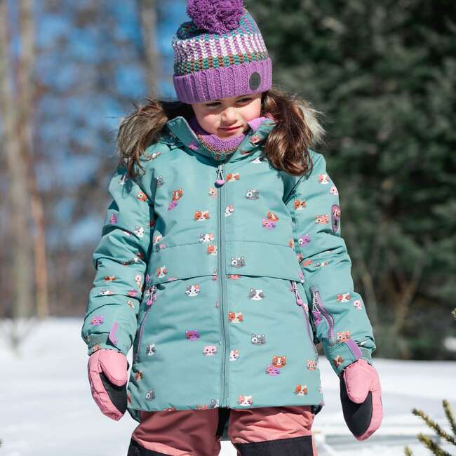 Printed Little Cats Two Piece Snowsuit, Sage Green And Brown