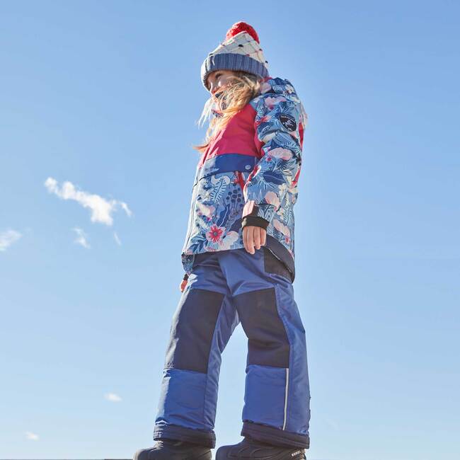 Printed Frosted Flowers Two Piece Snowsuit, Navy Blue And Red