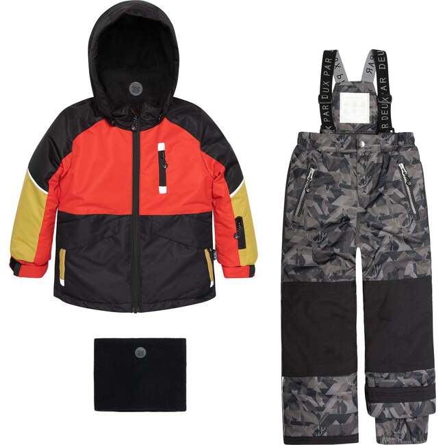 Printed Camo Two Piece Snowsuit, Dark Grey Red And Green Lime