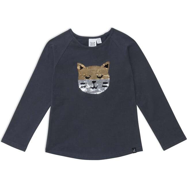 Raglan Long Sleeve Top With Sequin, Cat Print