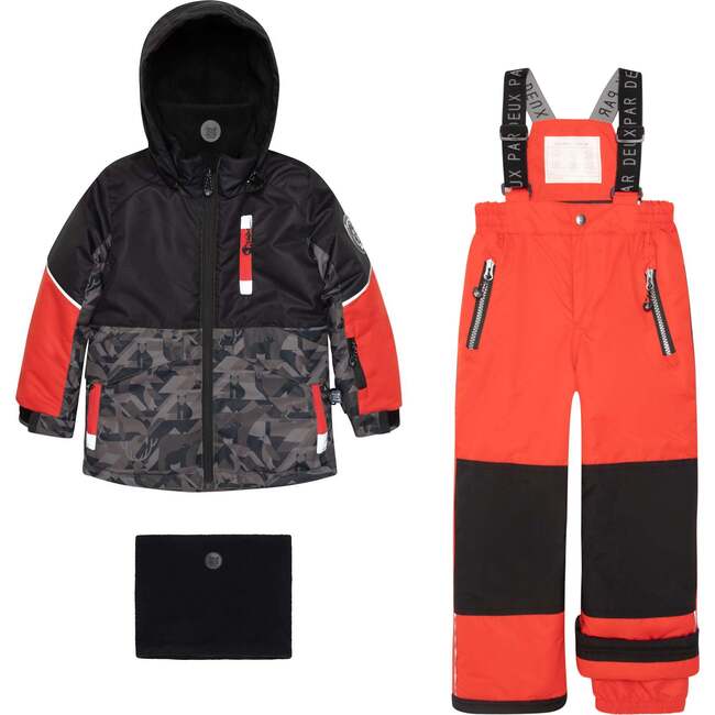 Printed Camo Two Piece Snowsuit, Grey And Red
