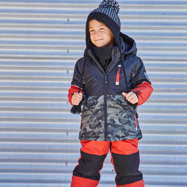 Printed Camo Two Piece Snowsuit, Grey And Red