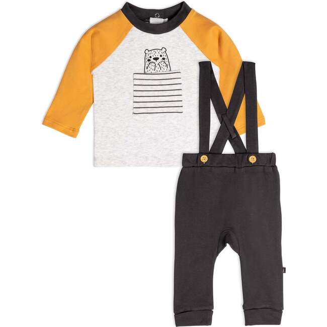 Organic Cotton Top And Pant Set, Dark Grey Yellow And Heather Beige