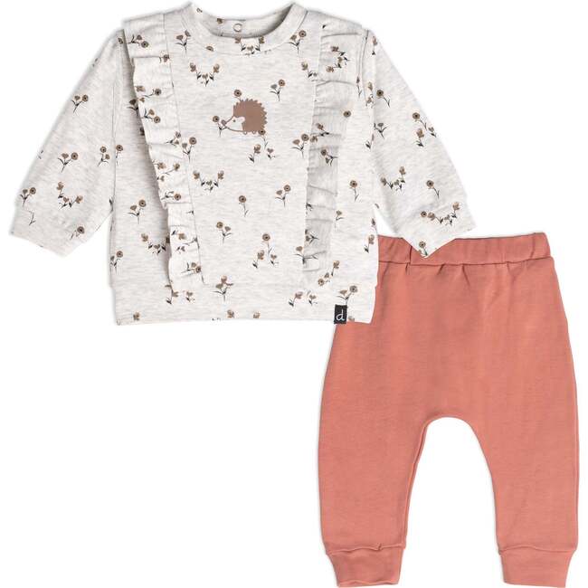 Organic Cotton Top And Pant Set With Ruffles, Oatmeal Mix