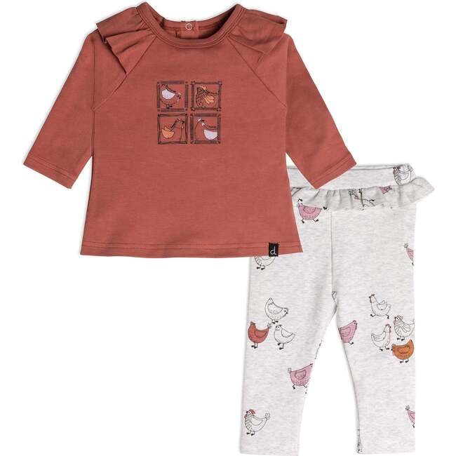 Organic Cotton Top And Pant Set Hen Print, Rust And Beige - Mixed Apparel Set - 1