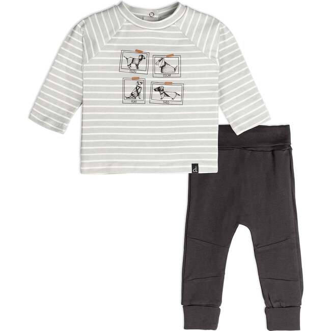 Organic Cotton Striped Top And Pant Set, Green-Grey And Dark Grey